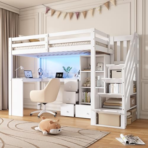 BEJUDYTT 3ft Single Loft Bed with L-Shaped Desk & Storage Stairs, Wooden Bed Frame with Smart RGB LED Lights, Integrated Drawers & Individual Storage Locker, Modern Space-Saving Solution