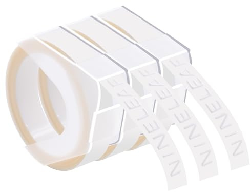 NineLeaf Embossing Label Maker Compatible with Dymo Omega Embossed Label Tape 9mm x 3m White on Clear 3D Plastic Tape Self-Adhesive for Dymo Omega Junior Home Embosser Maker, 3 Pack