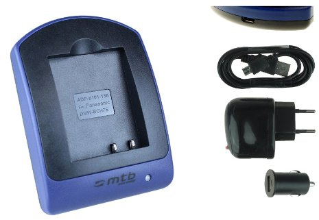 Cargador (USB/Coche/Corriente) para Panasonic DMW-BCH7E / Lumix DMC-FP1, FP2, FP3, FT10, TS10