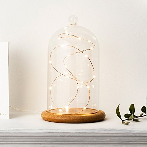 Lights4fun - Campana di Vetro Alta 19cm con Base in Bambù e 20 Micro LED a Pile su Cavo Rame