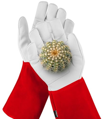 NoCry dornensichere und stichfeste Gartenhandschuhe aus Leder mit extra langem Unterarm-Schaft, verstärkten Handflächen und Fingerspitzen, Größe L, 1 Paar