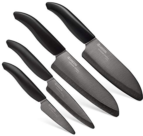 Kyocera’s Revolution 4-Piece Ceramic Knife Set: Chef Knife For Your Cooking Needs, Includes 6Chef's Santoku, 5.5 Santoku, 4.5 Utility & 3 Paring Knives, Black