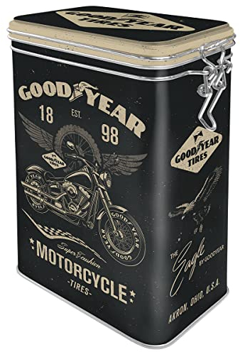 Nostalgic-Art Retro Kaffeedose, 1,3 l, Goodyear – Motorcycle – Geschenk-Idee für Motor-Fans, Blech-Dose mit Aromadeckel, Vintage Design