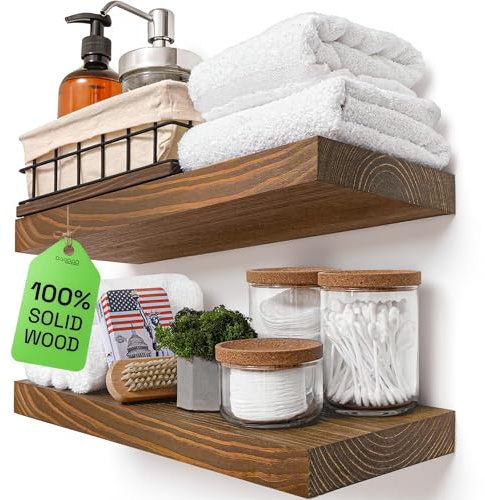 BAOBAB WORKSHOP Wood Floating Shelves for Wall, Solid Wooden Floating Shelf 16 Inch, Bathroom Shelves for Room Wall for Kitchen Bedroom, Walnut Finish, 16W × 6.7D, Set of 2