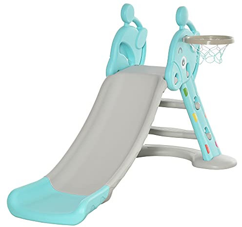 HOMCOM Tobogán para Niños +18 Meses Plegable 2 en 1 con Canasta de Baloncesto Modelo Jirafa Juguete Infantil para Interiores y Exteriores 147x82x85,5 cm Azul y Gris