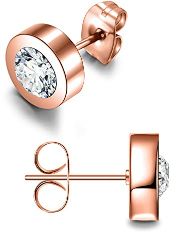day.berlin Damen Ohrstecker Joy 1cm in Rosegold, 18k vergoldet mit Kristall (6mm) kleine Ohrringe rund, 3mm flach in Rose, Edelstahl nickelfrei für Frauen