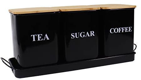 Xbopetda Set of 3 Tea Coffee Sugar Canisters, Kitchen Storage Jars with Wooden Lid & Metal Tray, Metal Storage Tin for Kitchen Pantry Organizers and Storage - Black