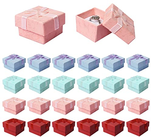 Nideen 24 Pack Jewellery Ring Gift Boxes, 4 x 4 cm Ring Boxes Bulk with Lids and Bow-knot, Small Gift Boxes for Jewellery Rings Earrings, Assorted Colors