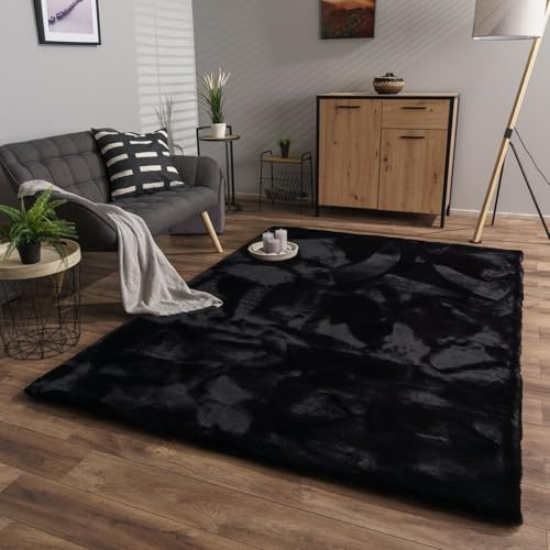 TT Home Wohnzimmer Hochflor Teppich Langflor Soft Kaninchenfell Fell Imitat Weich, Farbe: Schwarz, Größe:60x100 cm