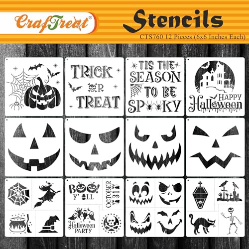 CrafTreat Återanvändbara 12 stycken Halloween-stenciler för målning (6x6), Halloween-målningsstenciler, eleganta Halloween-schabloner för kakor, Pumpaansiktsstenciler