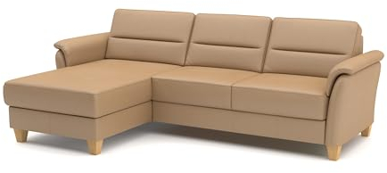 CAVADORE Leder-Ecksofa Palera mit Longchair / Landhaus-Couch mit Federkern + massiven Holzfüßen / 244 x 89 x 163 / Leder Beige