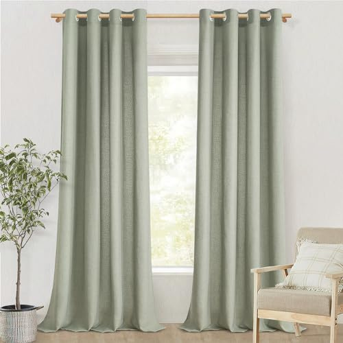 MRTREES Gardinen Leinen Halbtransparent Fenster Vorhänge Schlafzimmer Ösenschal 2er Set, 245 cm Lang, 140 cm Breit, Vorhang mit Ösen Leinenoptik Landhaus Gardine Wohnzimmer, Salbeigrün