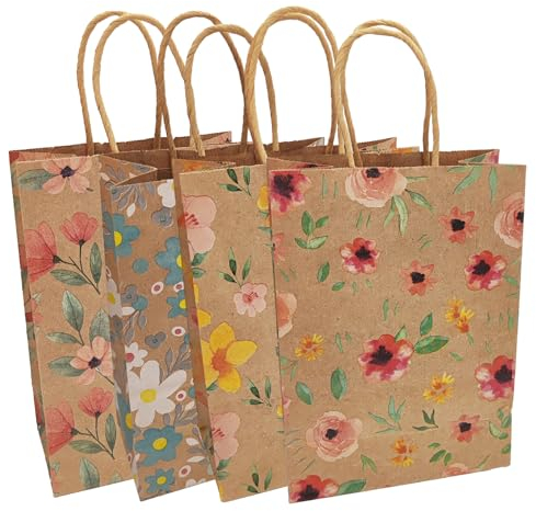 „LEBKFT“ 12 Stück Partytüten, Kraftpapiertüten, Geschenktüten, süße Tüten mit Griffen, 4 Stile, Blumen bedruckte Papier-Partytüten, farbige Papiertüten für Kinder, Erwachsene, Party, Geburtstag, Vale