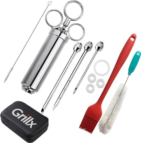 GrillX Siringa per marinata di lusso - Include 3 aghi, spazzole e custodia - Siringa per iniettore di carne - Accessori per barbecue