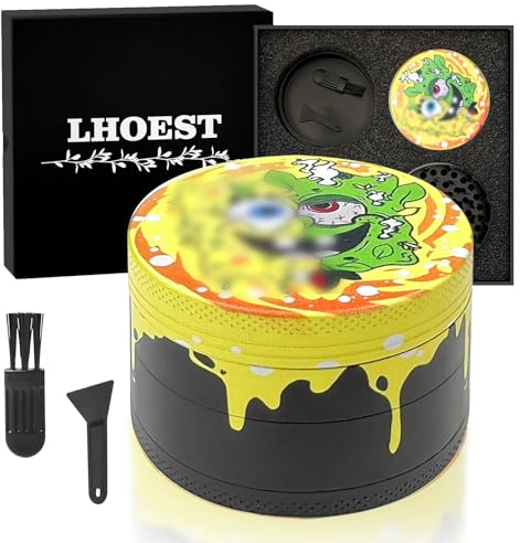 LHOEST Grinder stor 63 mm krossare gul kvarn metall 4 delar kryddkvarn | med plastborste skrapa 40 tänder frökvarn krossare zinklegering tecknad kvarn 4-delat set för kryddor