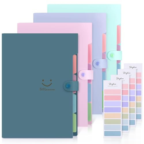 4 Pack SKYDUE Document Organiser, Cute Folders for Paperwork A4, Expanding File Folder with 5 Pockets for Home Office Businesses