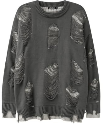 Caxndycing, pullover da uomo gotico punk grunge a manica lunga, scollo tondo, oversize, strappato, maglione lungo lavorato a maglia vintage, strappato, sfilacciato, lungo, maglione Y2k lavorato a