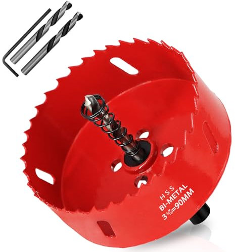 KACNON Sierras de corona bimetálicas de 90 mm, M42 HSS, con adaptador hexagonal y punta de centrado, para perforar plástico, PVC, madera, fibra de madera, metal blando, rojo