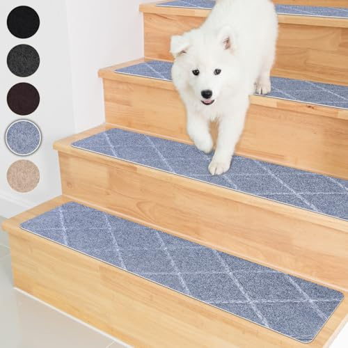 Homwiz Alfombra Escalera Antideslizante, 55x19cm, Cuadrícula, Gris | Lote de 15, Sin Pegamento, Antideslizante, Lavable, Reutilizable, Alfombra de Escalera Interior para Mascotas Mayores Niños