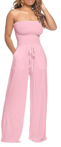 Bandeau Jumpsuits for Women UK Elegant Strapless Overalls Summer Off Shoulder Romper Onesie Stretchy Ladies Playsuit for Party Beach Outfit Pink S
