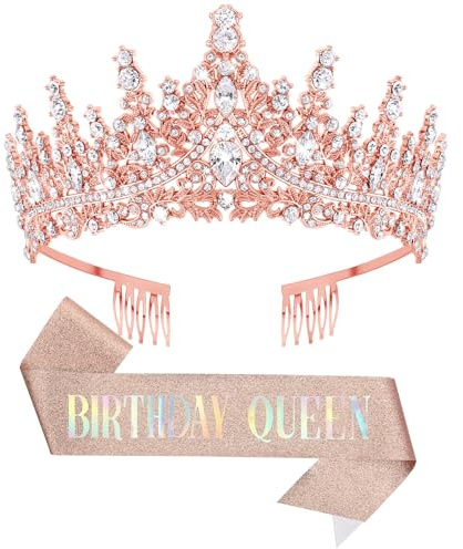 DRESHOW Couronne et Écharpe d'Anniversaire pour Femmes Couronne de Reine et Diadème en Strass Diadèmes et Écharpes d'Anniversaire pour filles Décorations Accessoires pour Cheveux