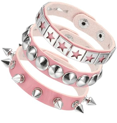 sourcing map 3Pcs Punk Rock Studded Leather Bracelet Set, 8.7/22cm Goth Spiked Cuff Wristband Adjustable Fashion Bracelets for Halloween Party Favors Emo Grunge Accessories, Pink