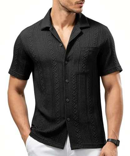Casey Kevin Camisa Hombre Verano Manga Corta con Cuello Cubano | Camisas Botones Jacquard Informales, con Bolsillo, Regular Fit para Vacaciones Playa