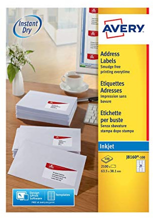 Avery Étiquettes Adresse Autocollantes Blanches 2100 Pièces 63,5 x 38,1 mm Impression Jet d'Encre
