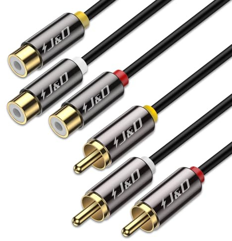 J&D AV Extension Cable, Gold Plated Copper Shell Heavy Duty 3 RCA Male to Female Stereo Audio Video Extension Cable, Composite Extension Video Cord for DVD, CD, TV, 3 Feet/0.9 Meter