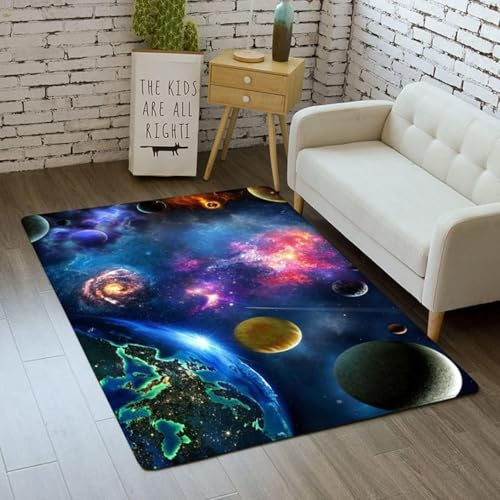 TAIYANYU Galaxy stjärnhimmel 3D yttre rymden planettryck sängmattor sovrum vardagsrum dekor golv inomhus mattor tvättbara halkfria dynor (Färgrik, 100 x 150 cm)
