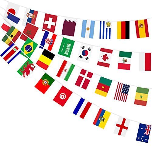 AhfuLife Bandiera Coppa del Mondo di Calcio 2022, 10m/12m - 32 Paesi Partecipanti Bandierine del Mondo, Ghirlanda Decorative per Bar Club Giardino Ristorante Decorazioni (4 Pcs, 14 x 21 cm)