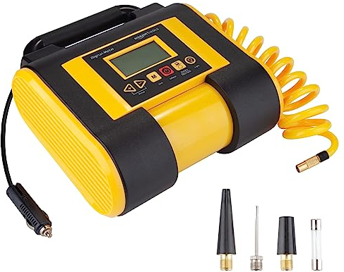 Amazon Basics Bomba compresora de aire portátil con indicador de presión digital, 12 V CC, 150 PSI, color negro