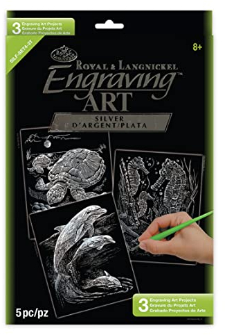 Royal & Langnickel - Kratzbilder Set Meerestiere, Silber, 3 Bilder, Schildkröten, Seepferdchen, Delfine, Kratzbilder für Kinder und Erwachsene, mit Kratzstift und Vorlagen