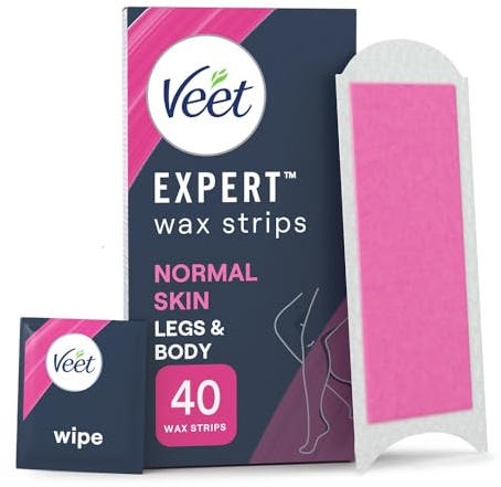Veet Expert Cold Wax Strips, Legs & Body, Normal Skin, 40 Wax Strips (4 Finish Wipes with Argan Oil), with Shea Butter, Removes Shortest Hair from Root, 28 Days Smoothness