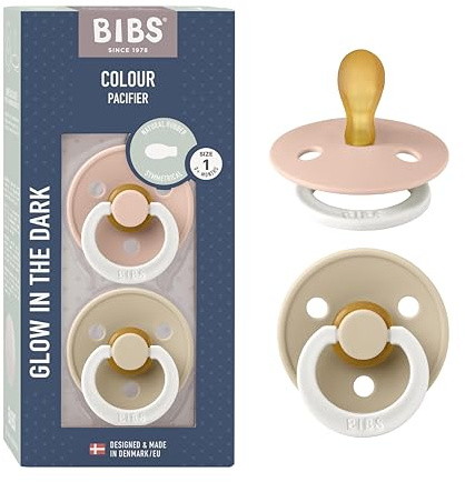 BIBS Colour Symmetrical Glow Soother 2-Pack, BPA Free Dummy Pacifier, Symmetrical Nipple. Natural Rubber Latex, Made in Denmark. Str. 1, Blush Glow/Vanilla Glow