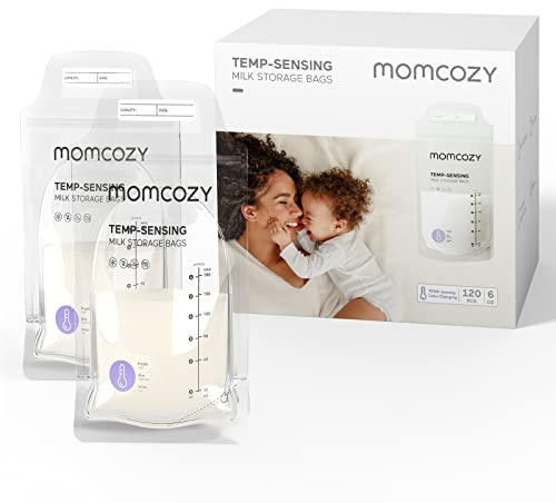 Momcozy Muttermilch-Aufbewahrungsbeutel, 120 Stück Temperaturfühlende Verfärbung, Einweg-Milch-Aufbewahrungstasche Mit 180 mL, Selbststehend, Auslaufsicher