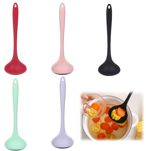 QINGYIWL Suppenkelle Silikon Schöpfkelle Set 5 Stück Schöpflöffel Soßenkelle Soßenlöffel Hausfelder Küchenhelfer Set, BPA-Frei Schöpfkelle mit Aufhängeloch für Rühren
