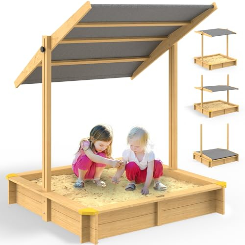 Spielwerk® Bac à Sable en Bois Fritzi 140x140cm Tapis de Sol Toit réglable Protection UV 50+ Jeu pour Enfants extérieur Jardin