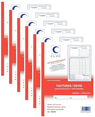 ELVE Lot de 6 Manifolds MICRO-ENTREPRENEUR Factures/Devis A4 40 feuilles Dupli
