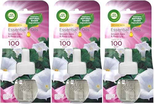Air Wick Plug In Air Freshener Refills, Smooth Satin & Moon Lily, 3 x 19ml | Plug in air freshener refill with natural essential oils; up to 360 days of long-lasting home fragrance