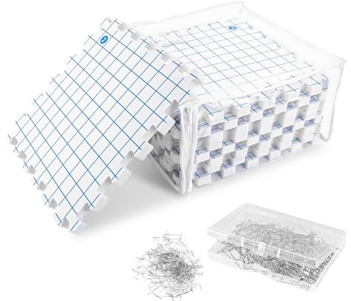 Oungy Kit Blocage Tricot 9 Dalles Modulables en Mousse avec 100 Épingles, Tapis Crochet Grille 30,5 cm, Planches pour Laine, Dentelle et Couture Créative