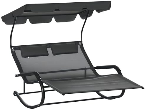 Outsunny Chaise Longue Double avec Toit Solaire, Appui-têtes détachables, Bain de Soleil de Patio pour 2 Personnes, transat de terrasse à Bascule, Ergonomique, 2 Roues, Noir