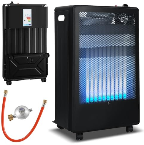 Eikuavons Gasvärmare 3,8 kW blålamm mobil gasvärmare, uppvärmningsyta: upp till 80 m², LPG/butan/propan, 2 värmenivåer, tippskydd, piezotändning, inkl. regulator och gasslang