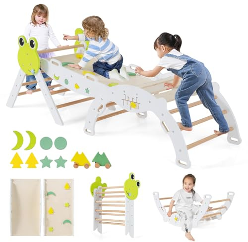 COSTWAY Triángulo de Escalada Interior, Estructura de Escalada Plegable con Tobogán, Arco de Escalar, Triángulo de Madera para Niños de 1+ año (Rana-3 Piezas,Blanco)