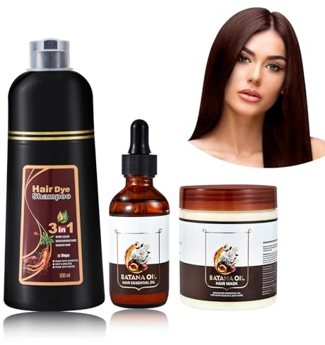 Kit de Tinte para Cabello Marrón: Champú Teñedor 500ml + Acondicionador con Aceite de Batana 50ml + Mascarilla Capilar 300g, Champú Anti-Canoso, Conjunto de Cuidado Capilar Unisex