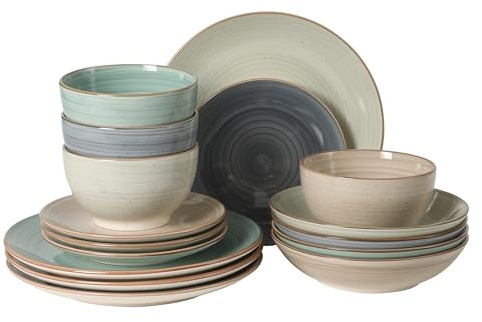 Gibson Home Stonebury 16 Piece Plates and Bowls Assorted Color Dishes - Handpainted Stoneware Dinnerware Set - Service for 4