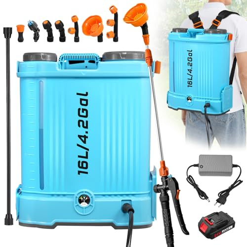 Worshow Pulverizador a presión de 16 L, 21 V, 100 psi, batería fuerte compatible con 6 boquillas de pulverización, correa de hombro ajustable, varilla retráctil, luz de control para césped, control de