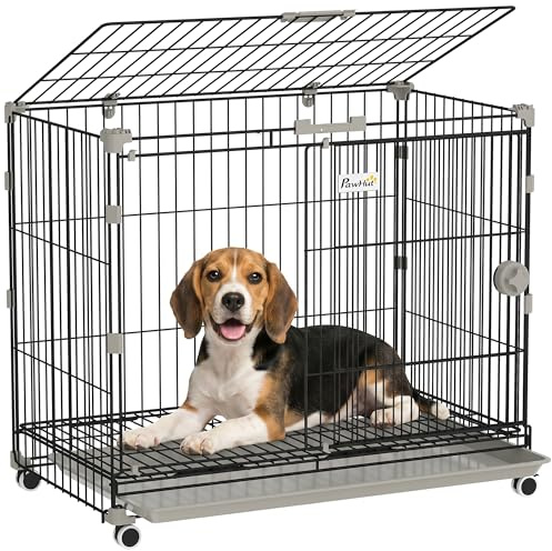 PawHut Gabbia per cani pieghevole, vassoio rimovibile, ruote con freni, tetto apribile bloccabile, porta di cibo, cuccia per cani di piccola e media taglia 75,5 x 46 x 64,5 cm, nero