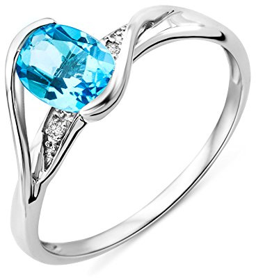 Miore Anello Donna Topazio Blu con Diamanti taglio Brillante Oro Bianco 9 Kt / 375, taglia 54