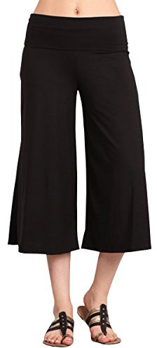 HEYHUN Women's Solid Wide Leg Flared Capri Boho Gaucho Pants - Black